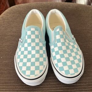 Teal White Checkered Slip On Vans